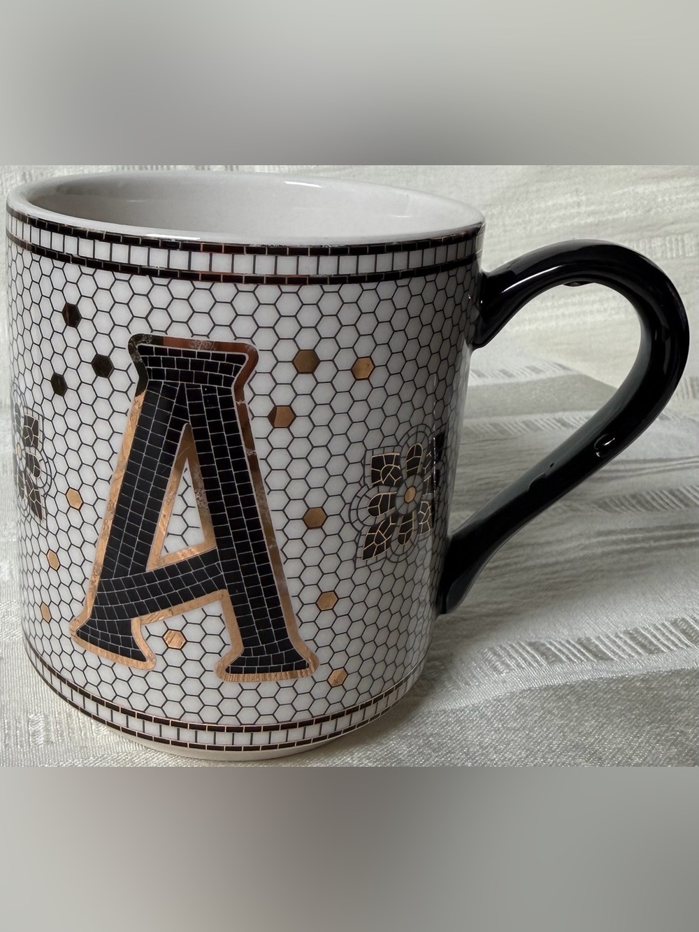 Anthropologie Monogram A Mug Black White Gold Mosaic Floral Coffee Cup